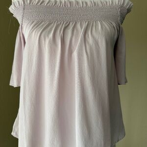 7 For All Mankind off the shoulder smocked silk blouse